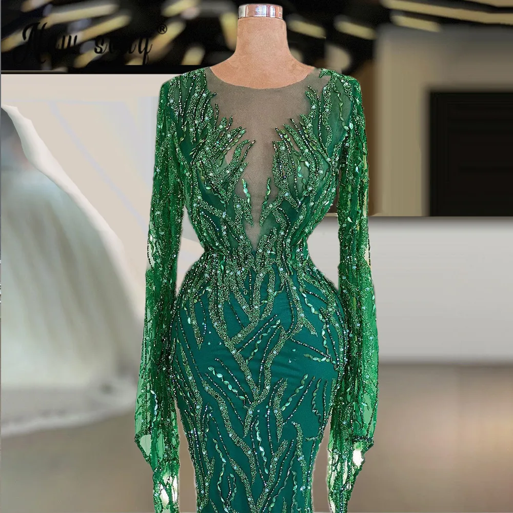 Verde de luxo manga longa sereia vestido de noite 2021 sparkly frisado para a festa feminina marroquina kaftan muçulmano vestido de baile plus size