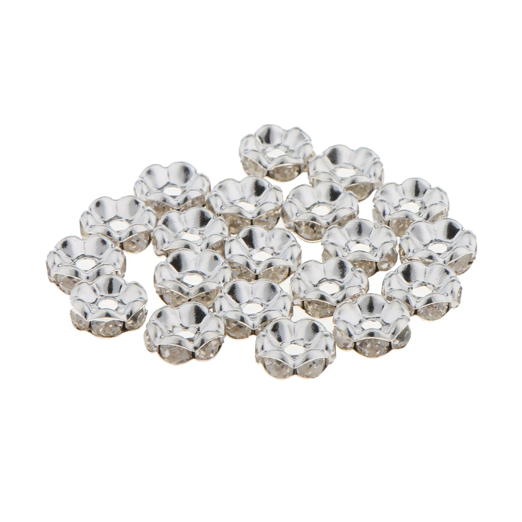 100 Pcs 8mm silver color Stainless Steel Rhinestone Loose Beads Spacer DIY Findings Flower /Round Style for NecklaceBracelet Jewelry