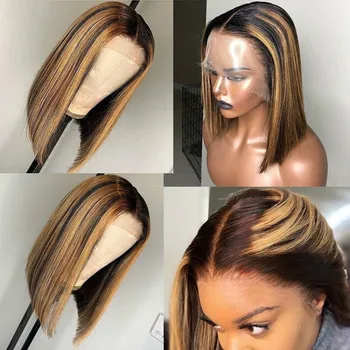 

Short Bob Wig Highlight Wig Ombre Brown Honey Blonde Transparent 13X4 Lace Front Wig Straight Hair Ombre Color Honey Blonde Wig
