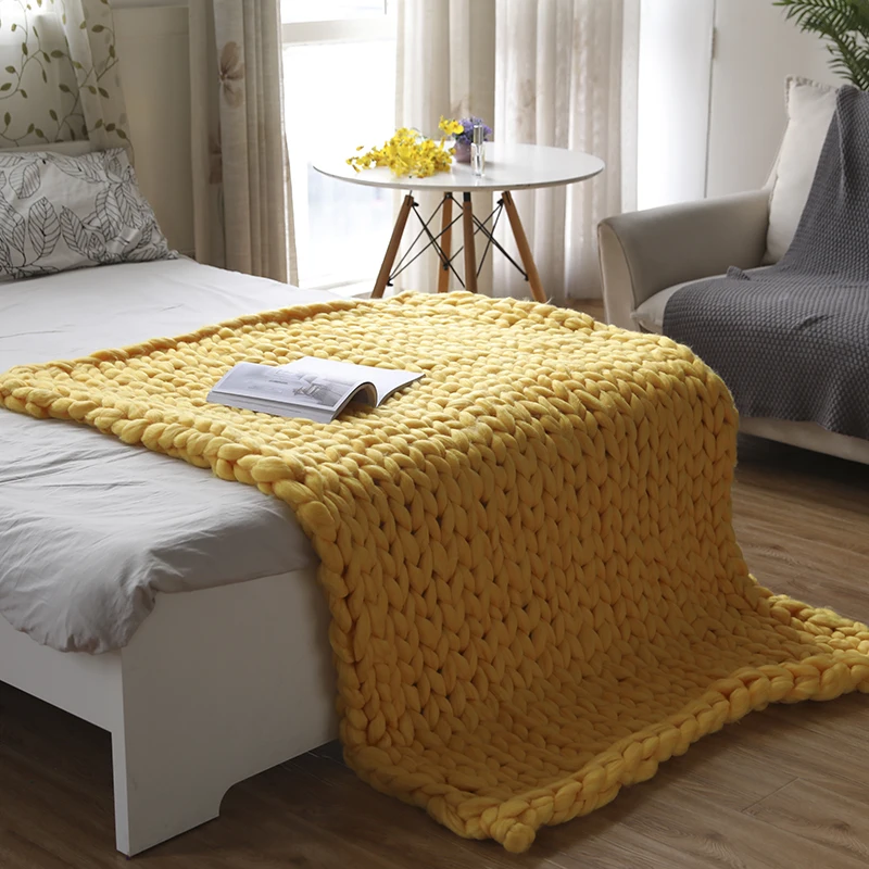 Супер толстые вязаные одеяла, домашние декоративные одеяла для дивана, стула, кровати, вязаные одеяла из мериносовой шерсти - Цвет: Yellow