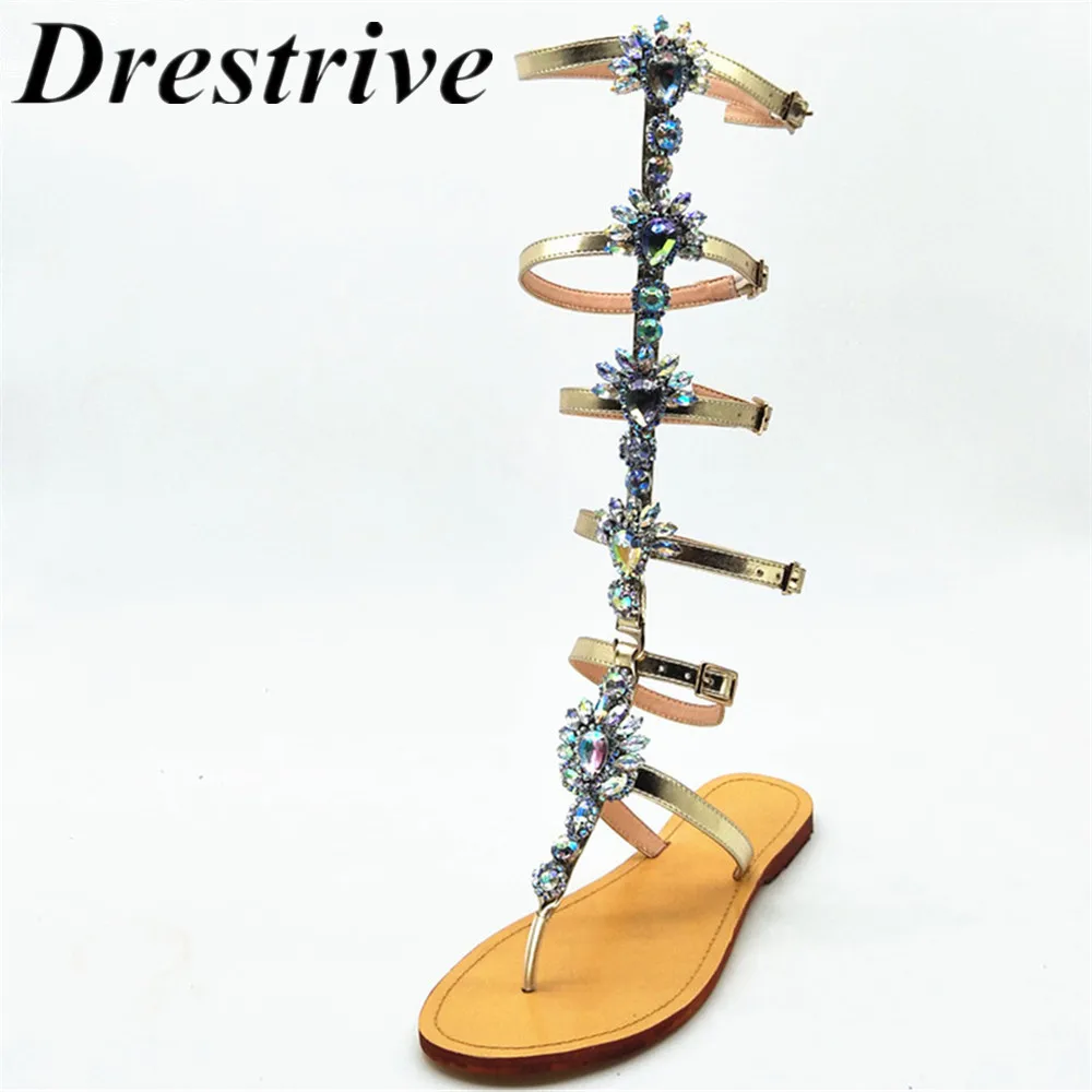 

Drestrive 2019 fashion woman summer shoes big size 34-44 crystal women flats buckle strap ladies sandals Sandwich toe gold color