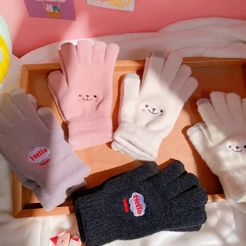 かわいい冬白ピンクミトン手袋かわいい暖かいぬいぐるみガーリーハート指タッチスクリーン手手袋女性 メンズ手袋 Aliexpress