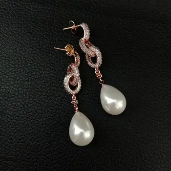 

Teardrop White Sea Shell Pearl Rose Gold color Plated Cz Cubic Zirconia Pave loop Post Earrings for women