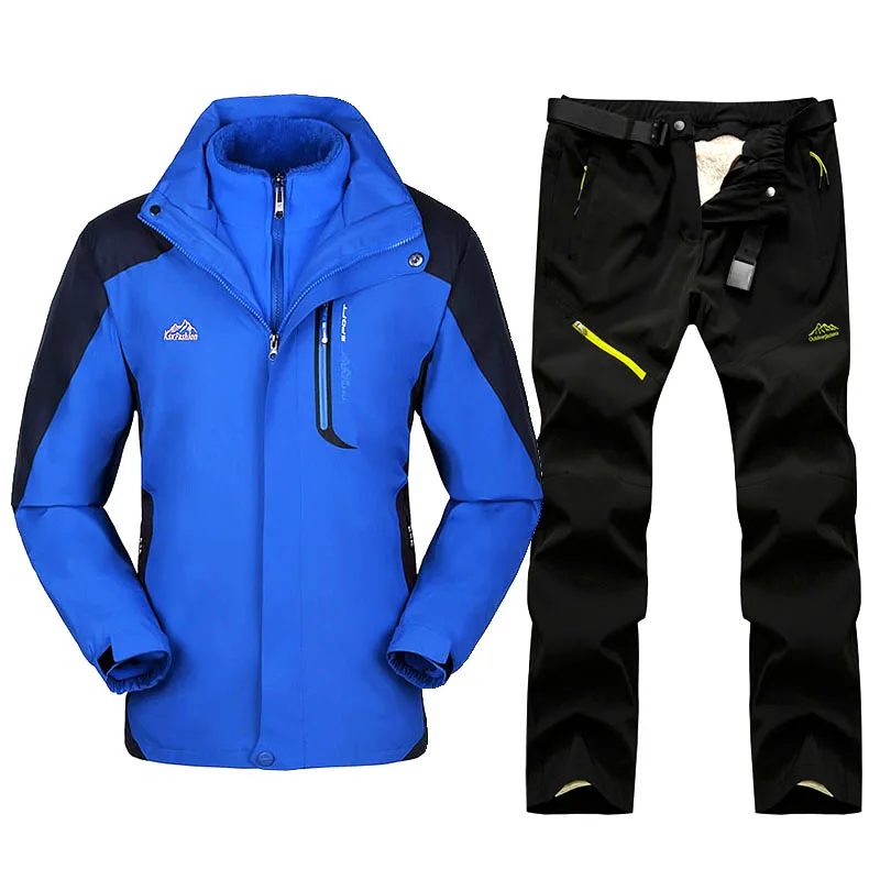 Blue Black Зимний лыжный костюм для мужчин, лыжные куртки и штаны, уличные термо-водонепроницаемые ветрозащитные лыжные и сноубордические куртки, комплекты - Цвет: Blue Black