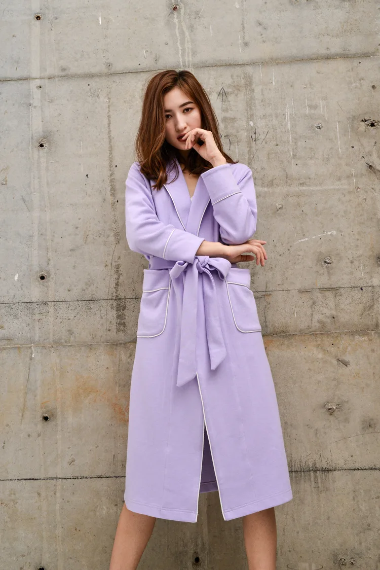 High-end Luxury Bath Robe Long Lady's Large Lapel Autumn Nightgown Pure-colour Knitted Cotton Waist-retracted Dressing Gown