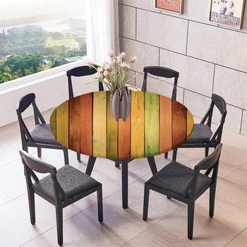 

Elastic Fitted Round Tablecover Table Cloth Fitted Table Cover Round Tablecloth ~Colorful Wood 1.2m