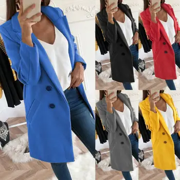 

Fashion Autumn New Long Coat Women Turn Down Collar Solid Yellow Coat Office Lady Slim Elegant Blends Outerwear Clothes 2019