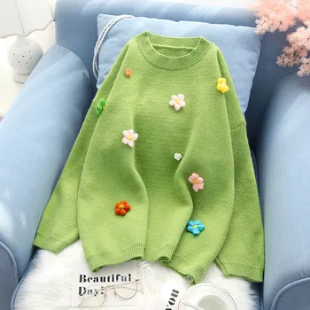 

cute sweet women sweaters and pullovers 2019 winter new flower solid o-neck lady elegant pulls outwear coat tops