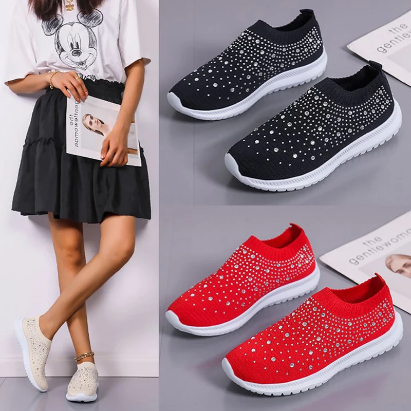 

Women Crystal Elastic Sports Shoes Tennis Mesh Breathable Casual Autumn Sneakers Large Size Women's Platform Shoes 43 Flat Shoes