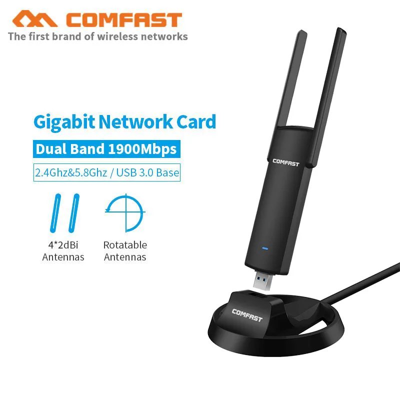 1900 Мбит/с гигабитный USB Wifi адаптер 5 ГГц Двухдиапазонная двойная антенна беспроводная Wi-Fi ac сетевая карта ПК Wifi приемник с USB 3,0 база
