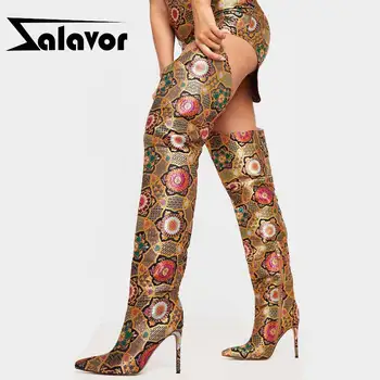 

ZALAVOR Sexy Lady Over The Knee Boots Thin High Heels Print Pointed Toe Fashion Long Boots Stylish Party Shoes Women Size 35-43