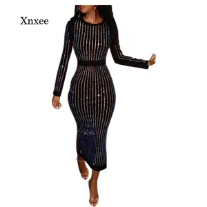 Autumn and Winter Women's Fashion Elegant Shiny Diamond Striped Tight-Fitting Dress Feminine Evening Nightclub Dress Retro