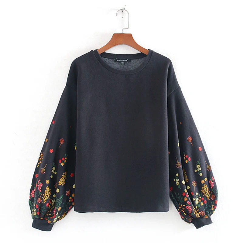 

Women Fashion Floarl Printed Sweatshirt Female O Neck Plush Sweatshirts Elegant Ladies Long Puff Sleeve Sweatshirts Chic Tops