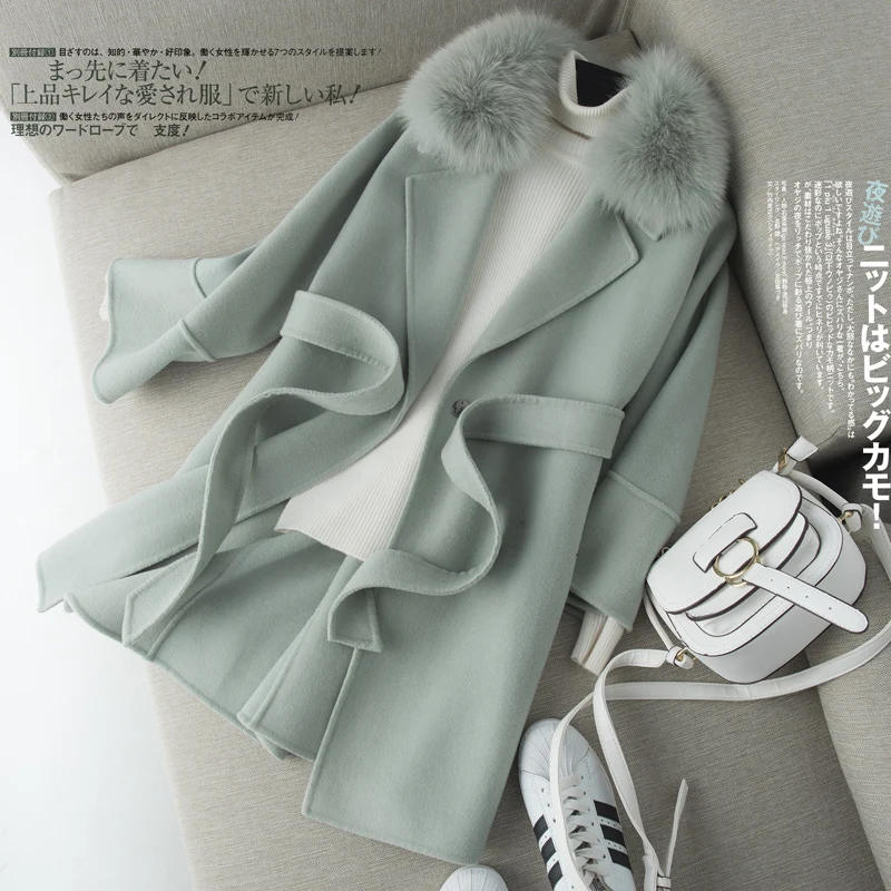 

2020 100% Wool Coat Female Double-sided Wool Jacket Fox Fur Collar Spring Autumn Korean Long Coat Women Overcoat 2021 KJ4049
