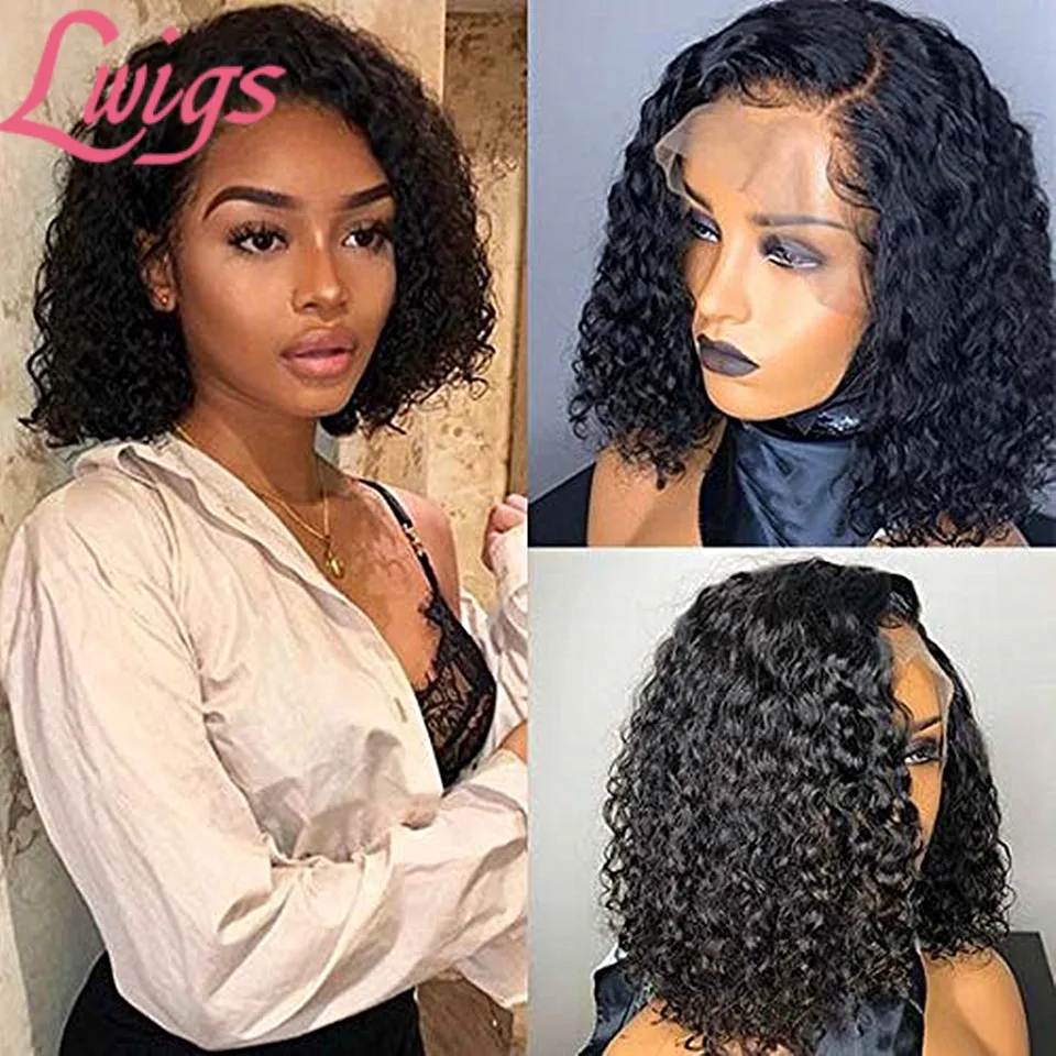 Короткий срез боковая часть поддельные головы вьющиеся боб парик фронта шнурка человеческих волос парики глубокая волна короткий Боб HD 360 фронта шнурка al парик для женщин