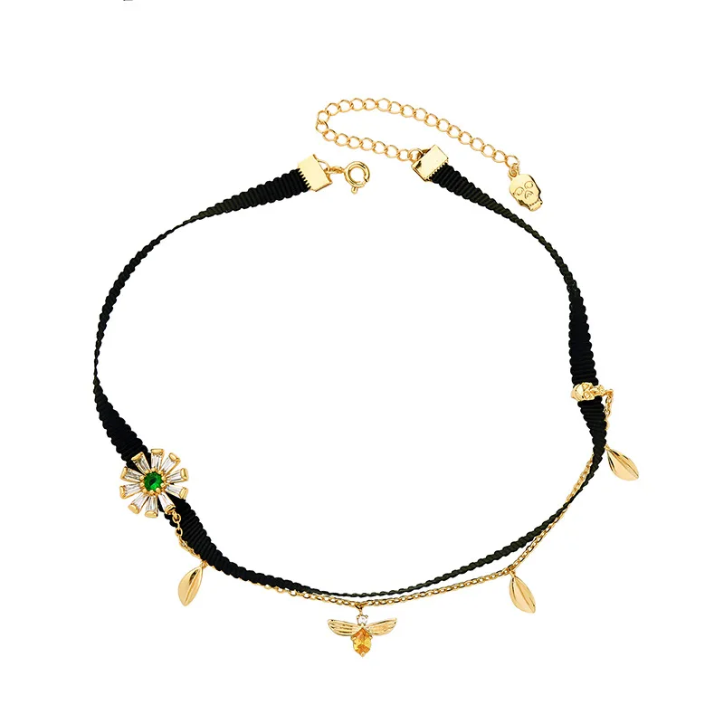 

Cute little bee flower zircon ribbon necklace female Japanese and Korean style fashion simple temperament necklace