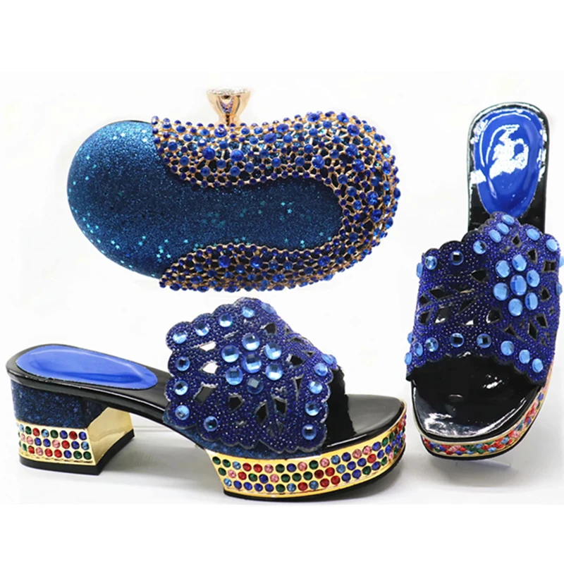 Новейший дизайн; комплект из туфель и сумочки для свадьбы; женская обувь и сумка в комплекте в итальянском стиле; комплект из обуви и сумки; элегантные женские туфли-лодочки без застежки - Цвет: Синий
