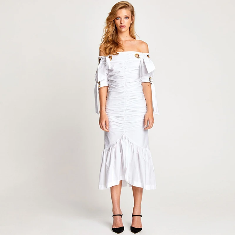 

HIGH STREET 2019 Designer Runway Dress Women's Slash Neck Off The Shoulder Midi Mermaid Dress