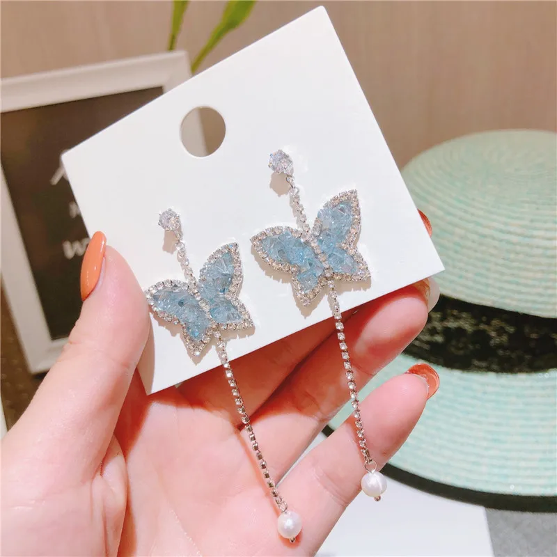 

2019 Autumn New Creative Crystal Blue Butterfly Long Pearl Tassel Fall Drop Earrings for Women Fashion Jewelry