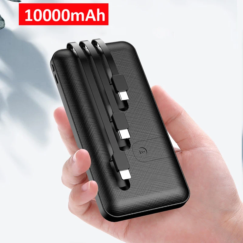 

10000mAh Power Bank Fast Charging Powerbank 10000 mAh Built in 3 Cables External Battery Charger For Xiaomi Mi iPhone Poverbank