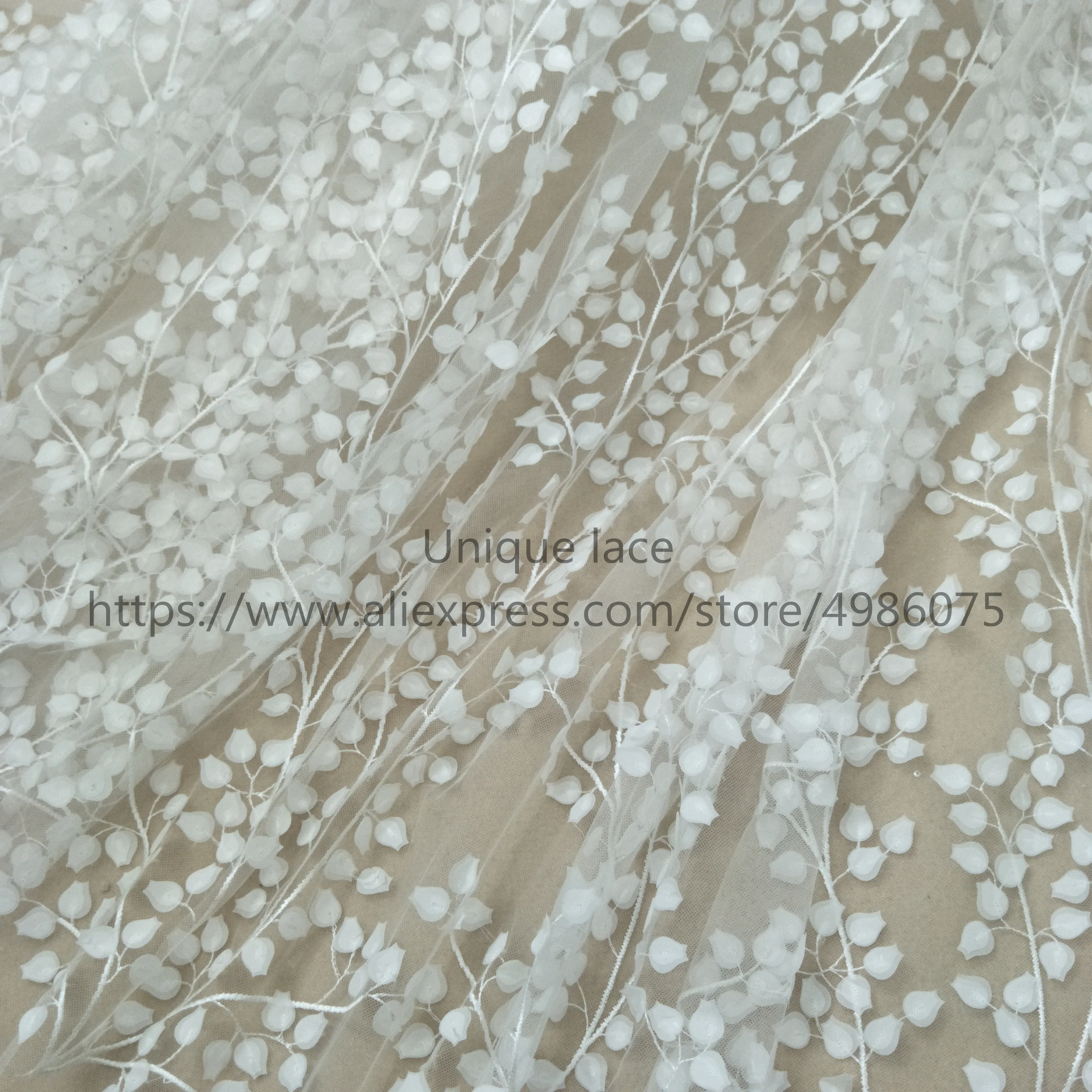 Elegant ivory laser wedding dress lace fabric 3D leafs bridal lace sell by yard lace fabric chiffon lace fabric