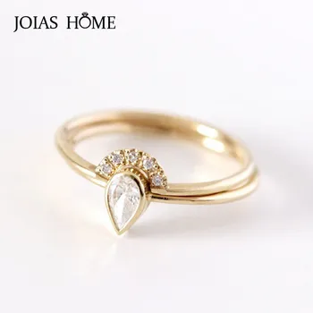 

JoiasHome Sterling Silver Women's Ring Korean Rose Gold with Water Drop Pear Shape Zircon Ring Set Classicparty Gift Wholesale