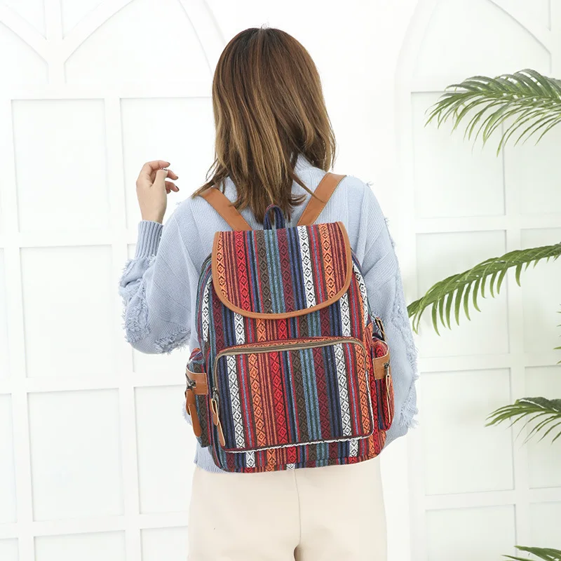 

2019 Spring New Style Ethnic-Style Canvas Wide-Strap Bucket Backpack Versitile Fashion Simple Printed Travel Bag