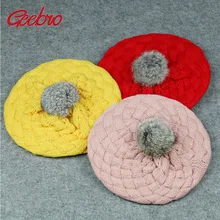 Geebro/детский вязаный теплый берет, шапка, одноцветная, громоздкая, зимние шапки, толстые шапки с помпоном из искусственного меха для девочек, зимние