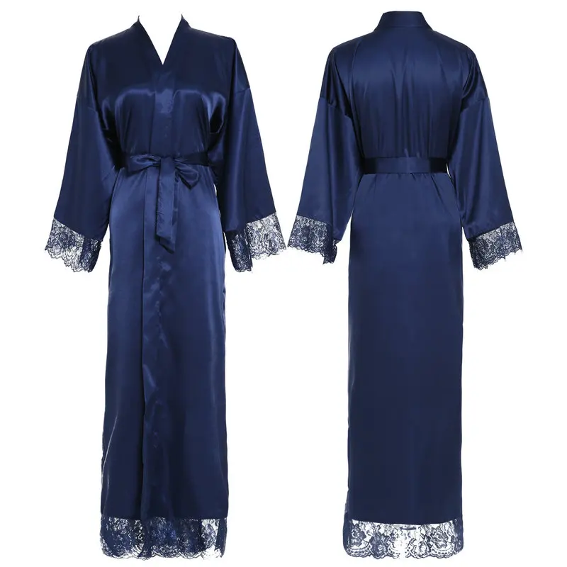 Zaxachilable новые шелковые, атласные, с кружевами халат подружки невесты Свадебные платья Свадебный длинный халат женский халат белый - Цвет: navy blue