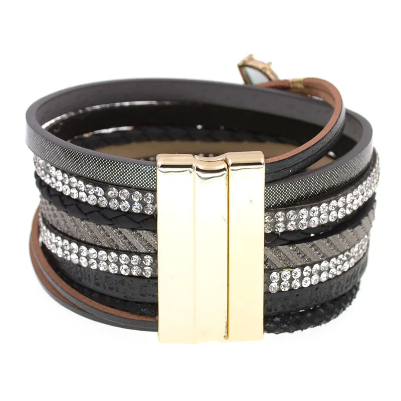 Leather Bracelet women Trendy glass Rhinestone Crystal Femme charm Bracelets & Bangles wrap bracelets For Women Jewelry