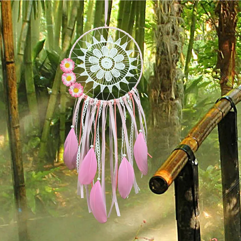 Lace Pink Feather Dream Catchers Round Metal Ring Circle Handmade Indian Style Bedroom Home Decorations Hanging Decors MS6996