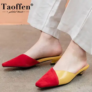 

Taoffen Square Toe Sandals Genuine Leather Summer Women Shoes Low Heels Shoes Strange Heels Lady Shoes Slippers Size 34-40