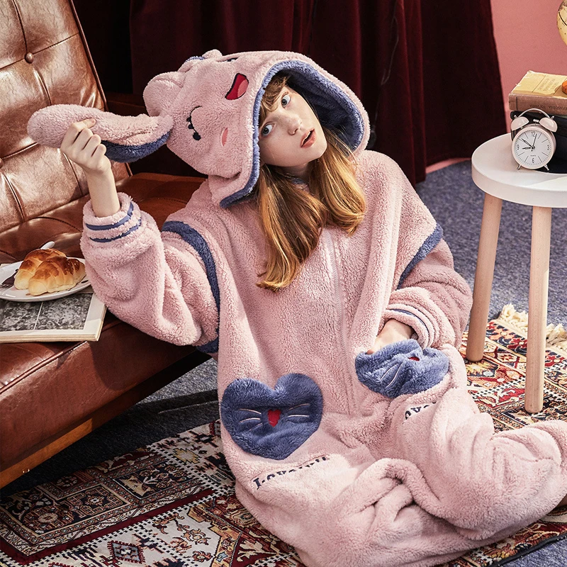 Пижама Кигуруми для женщин мягкая теплая с капюшоном и большими ушками кролика 1