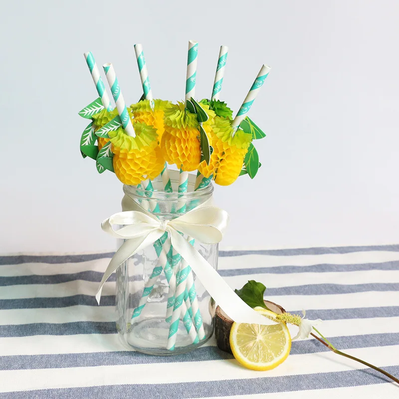 

Tropical Paper Straws with Palm Tree and Pineapple Design Charms -Striped for Hawaiian Luau, Pool Parties and Summer Events