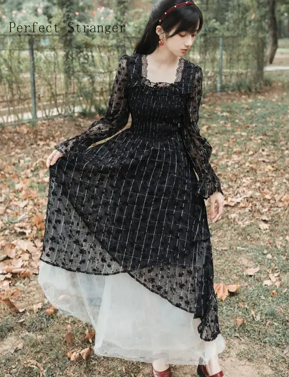 2019 Autumn Winter New Arrival High Quality Elegant Square Collar Lace Gauze Long Dress Black | Женская одежда