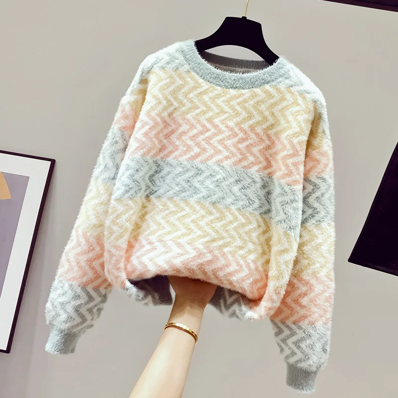 

2020 Autumn Women's Sweater All-match Warm Wave Striped Sweaters Loose Jumper Students Pullovers Full Femme Nancylim
