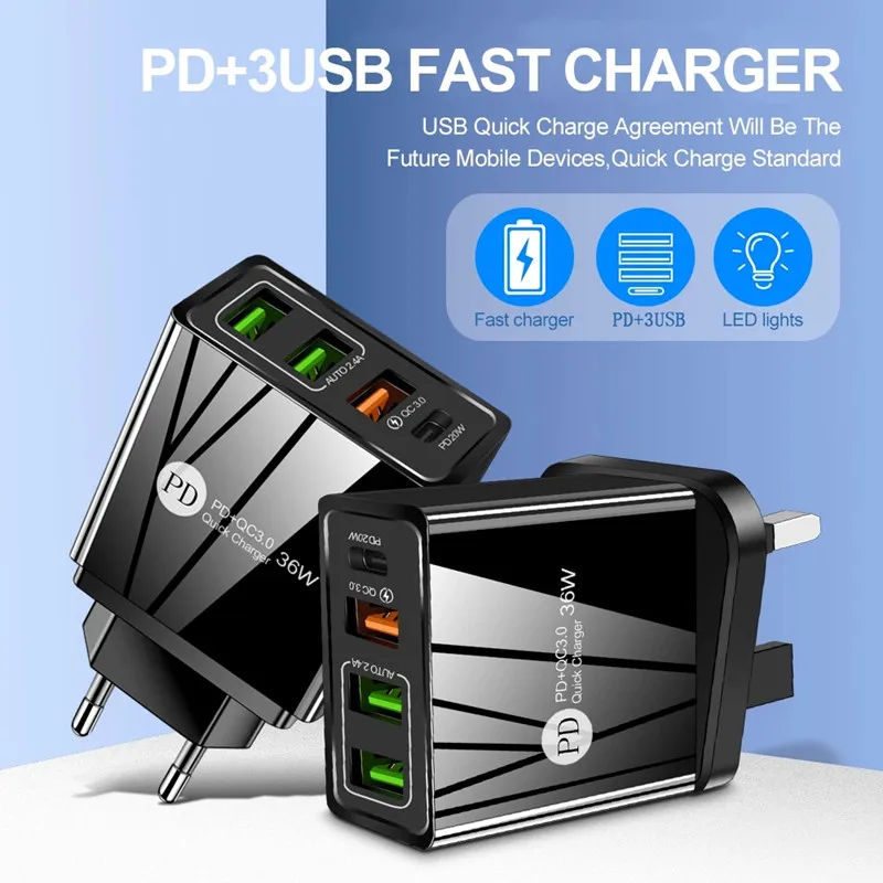 36W USB PD Quick Charger QC3.0 USB Fast Charging For iPhone 12 11 13 Pro Max X Xiaomi Mobile Phone USB Charge Adapter EU UK Plug mobile phone chargers