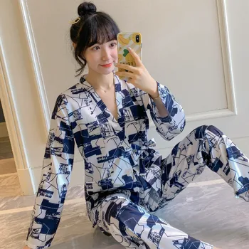

Pajamas Silk Satin Sleepwear Two Piece Sets Long Sleeve Pajama Sets Large Size Fashion Night Gowns Suit Home New Nightwear