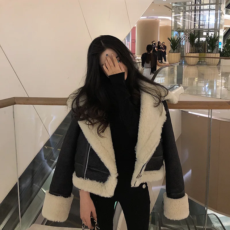 2019 Winter High -Quality Jacket Female Suede Lamb Keep Warm Wool Coat Motorcycle Lapels Coat Female Thicker Jacket Women black