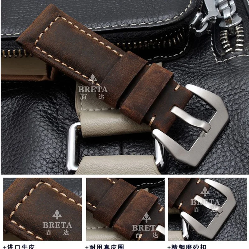 shengmeirui Leather watch band 20mm22mm24mm26mm brown black FOR Panerai Strap Replacement Steel Buckle