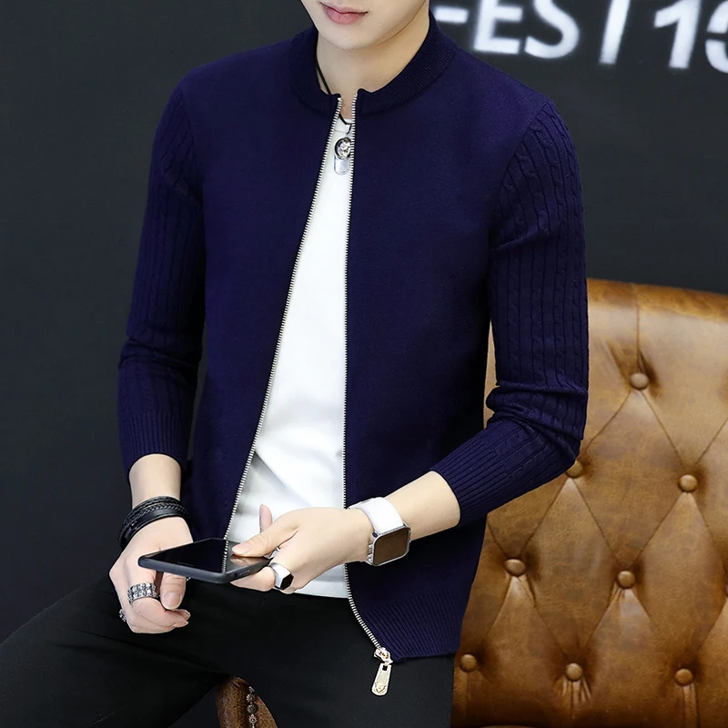 2019 new spring and autumn men's sweater cardigan Korean Slim long-sleeved trend woolen clothes jacket Chinese Style Black Gray 2019 new spring and autumn men's sweater cardigan Korean Slim long-sleeved trend woolen clothes jacket Chinese Style Black Gray