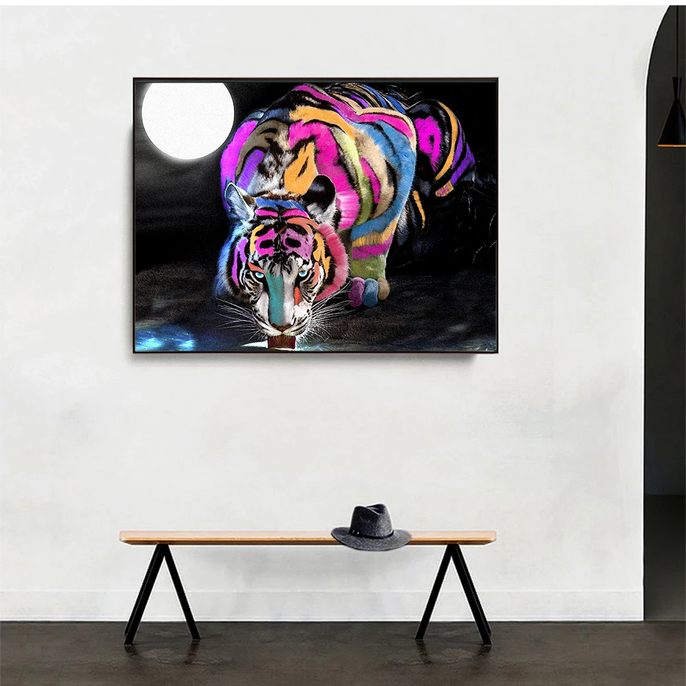 AAHH Colored Tiger Drinks Water In The Moonlight Modern Pop Canvas Wall Art Quote Painting Print on | Дом и сад