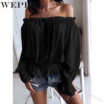

WEPBEL Women Summer Slash Neck Elegant Solid Color T-shirts Summer Flare Sleeve Loose Ladies Top Sweet Breathable