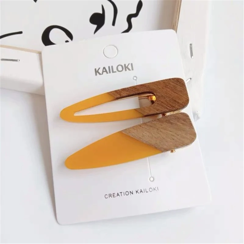 New Fashion Patchwork Geometric Wood Acrylic Hair Clips For Women Girls Hollow Waterdrop Hairpin Barrettes Hair Accessories - Цвет: Mix yellow