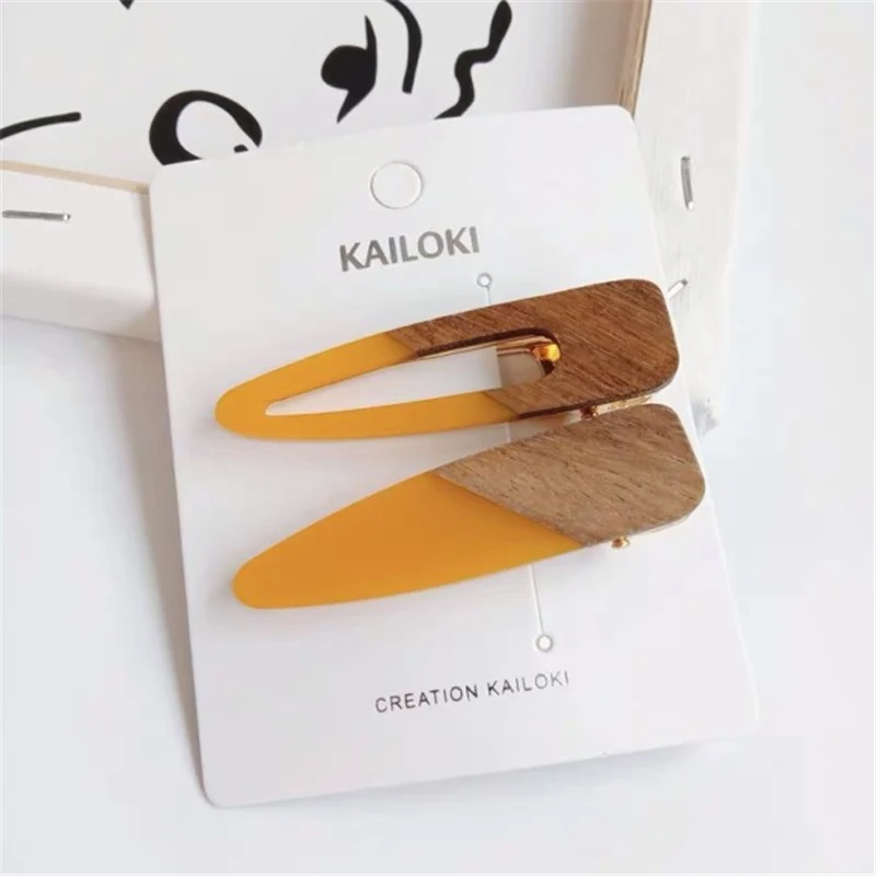 Mix yellow New Fashion Patchwork Geometric Wood Acrylic Hair Clips For Women Girls Hollow Waterdrop Hairpin Barrettes Hair Accessories - Цвет: Mix yellow