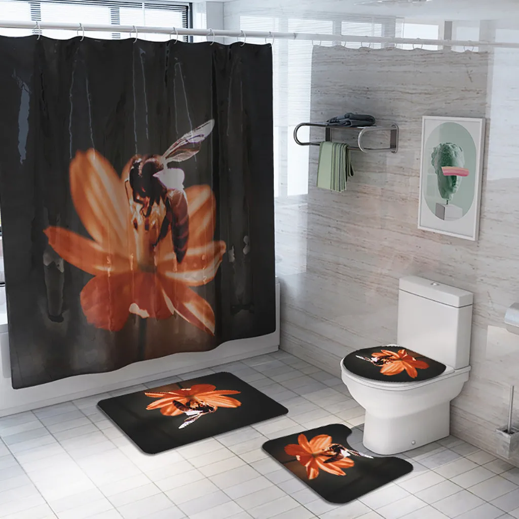 Цветы занавески для душа напольный коврик из четырех частей набор ковриков для ванной Бытовые аксессуары для ванной комнаты домашний душ душавая занавеска - Цвет: 4PC