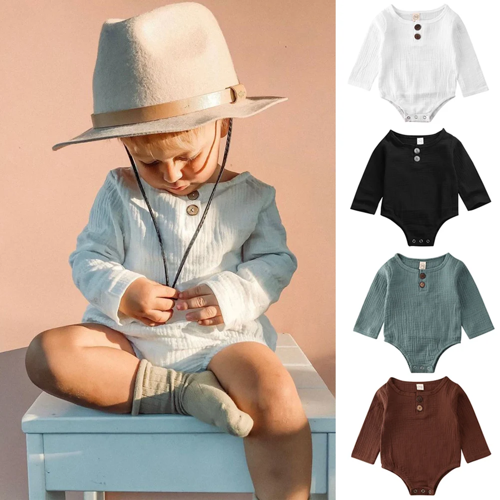 

Newborn Infant Baby Boy Girl Cotton Linen Candy Color Button Bodysuit Jumpsuit Clothes Outfit Long Sleeve Warm Autumn Cute
