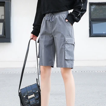 

Women Fashion Streetwear Cargo Pants Black Knee Length Elastic Waist Joggers Female Loose Trousers Casual Plus Size Harem Pants