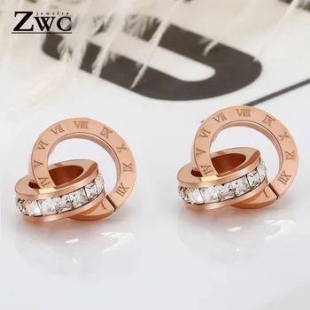 

ZWC Fashion Stainless Steel Roman Numeral Stud Earrings for Women Girls Party Personality Zircon Double Circle Earrings Jewelry
