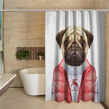 

Pug 3D Printed Shower Curtain Red Vest and Christmas Sweater on a Adorable Dog Hand Drawn Animal Fun Image Hotel Quality Machine